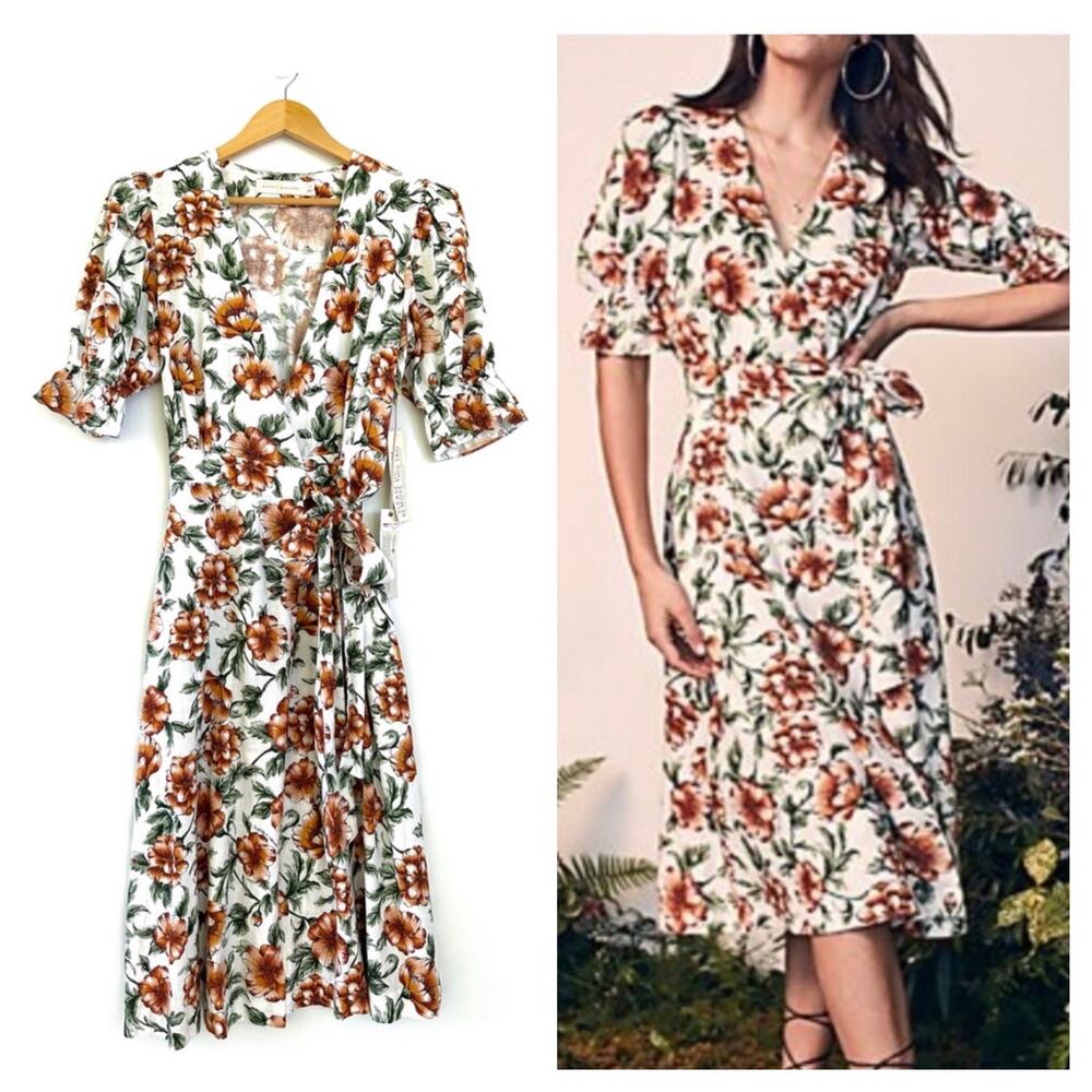 Happy X Nature Teagarden Floral Puff Sleeve Linen Wrap Midi Dress Small Coquette